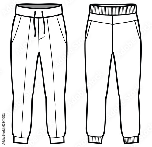 Flat activewear fashion unisex trouser joggers jeans cargo pants apparel front and back views, CAD design, mock-up, template, vector, clothing, technical drawing, fashion, illustration, line art.