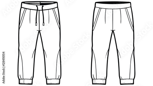 Flat activewear fashion unisex trouser joggers jeans cargo pants apparel front and back views, CAD design, mock-up, template, vector, clothing, technical drawing, fashion, illustration, line art.
