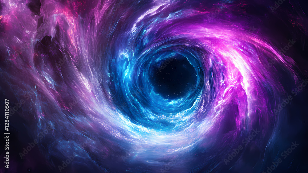 A swirling cosmic vortex with vibrant purple and blue hues, creating a mesmerizing portal effect against a dark backdrop. Dark Portal Between Dimensions. Illustration