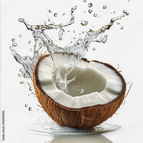Refreshing tropical liquid, bursting with the pure essence of coconut against a white background