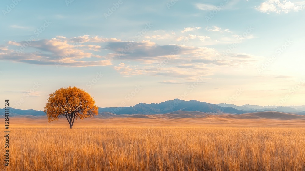 Lone autumn tree in vast field, mountains backdrop; serene nature scene, ideal for calming visuals Lone autumn tree in vast field, mountains backdrop; serene nature scene, ideal for calming visuals