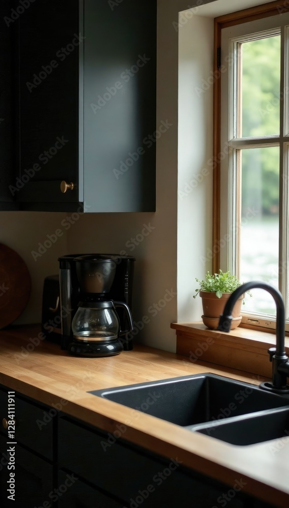 Fototapeta premium Wooden counter top with a coffee maker and toaster in a rustic black kitchen by the lake, natural ambiance, country living, warm lighting