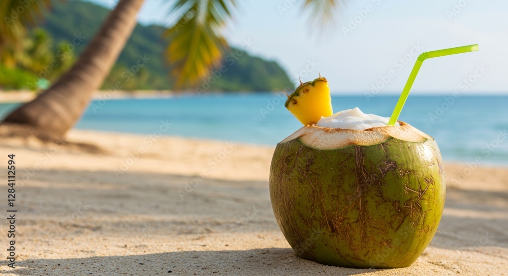Refreshing pi,a colada served in a coconut on a sunny tropical beach Refreshing pi,a colada served in a coconut on a sunny tropical beach