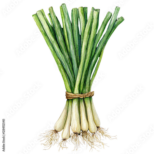 watercolor bunch of green onions isolated on white background
