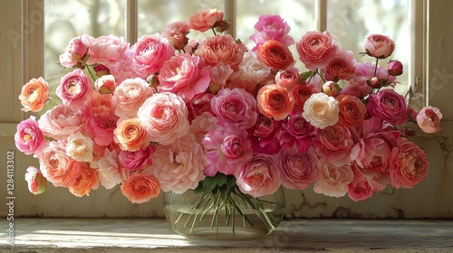 Bouquet of pink ranunculus flowers indoor natural light floral arrangement home decor close-up view beauty