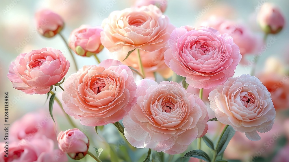 Obraz premium Captivating floral arrangement of pink ranunculus flowers nature close-up photography serene environment soft focus