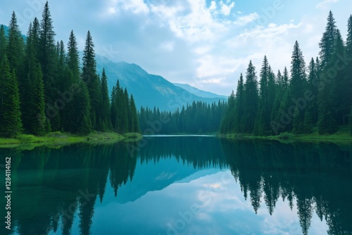 Calm Lake Surrounded by Dense Evergreen Trees with Mist-Covered Mountains in the Background Creating a Serene and Picturesque Scene with Mirror-like Reflections