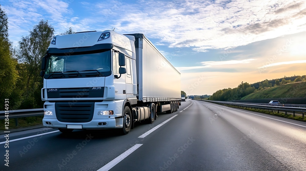 A large white truck driving along a highway surrounded by greenery and a clear blue sky : Generative AI A large white truck driving along a highway surrounded by greenery and a clear blue sky : Generative AI