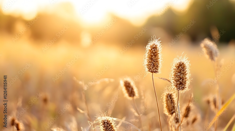 Golden hour sunlight illuminating dried grass and wildflowers creating a serene warm atmosphere in nature : Generative AI Golden hour sunlight illuminating dried grass and wildflowers creating a serene warm atmosphere in nature : Generative AI