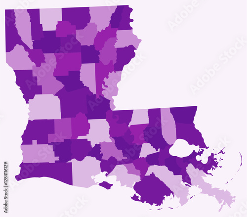 Map of Louisiana with counties. A simple state border map with county divisions in a purple color palette. Blank State of Louisiana shape with administrative division. Vector illustration.