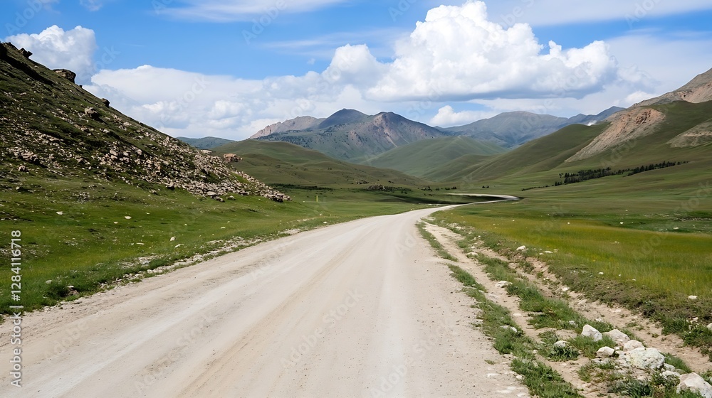 Naklejka premium Winding Dirt Road Through a Lush Mountain Landscape Under a Blue Sky : Generative AI