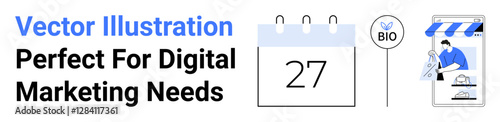 Calendar date illustration, bio label, and online store visuals. Ideal for marketing, e-commerce, branding, organic product promotion, scheduling planning content strategy. Flat landing page banner