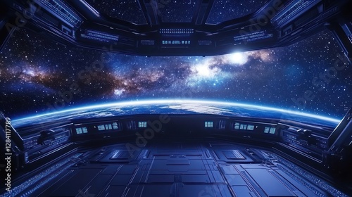 Spacecraft cockpit view of Earth and Milky Way galaxy