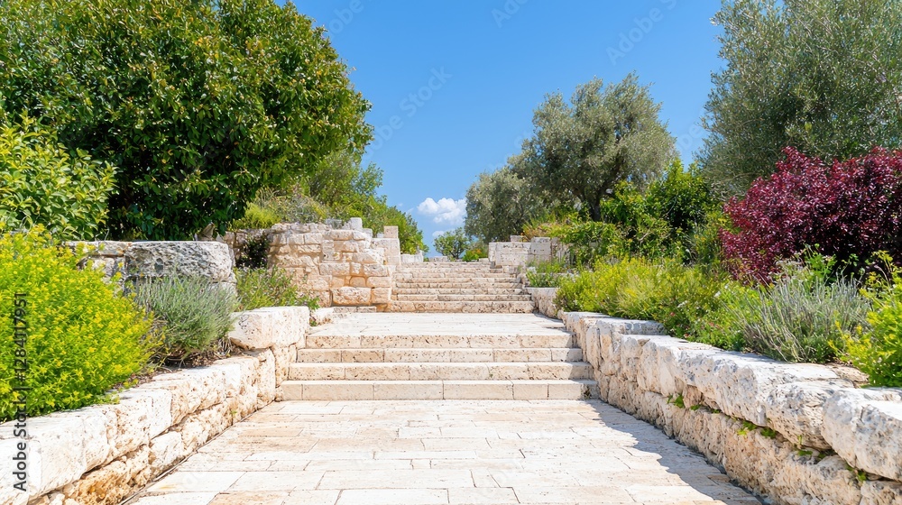 Stone steps ascend a sunny garden, leading to a bright vista; ideal for travel brochure Stone steps ascend a sunny garden, leading to a bright vista; ideal for travel brochure
