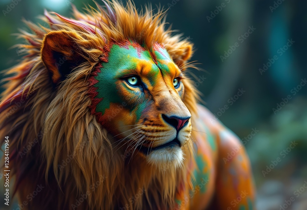 Fototapeta premium Majestic Lion Portrait with Vibrant Colorful Paint