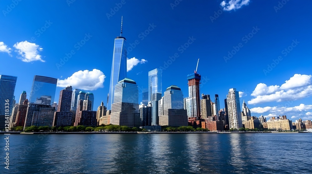 Obraz premium Stunning skyline view of a modern city with vibrant buildings under a bright blue sky and fluffy clouds : Generative AI