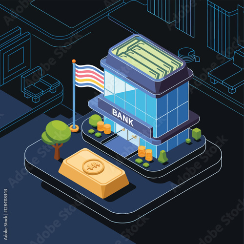 vector colorful economy trading graph cash money linked with curved dash line over the world bank 
