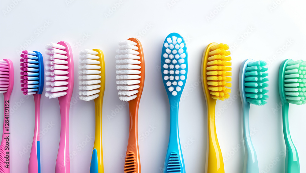 A vivid lineup of colorful toothbrushes showcasing a variety of bristle types, reflecting diversity in oral hygiene tools and everyday dental care essentials A vivid lineup of colorful toothbrushes showcasing a variety of bristle types, reflecting diversity in oral hygiene tools and everyday dental care essentials