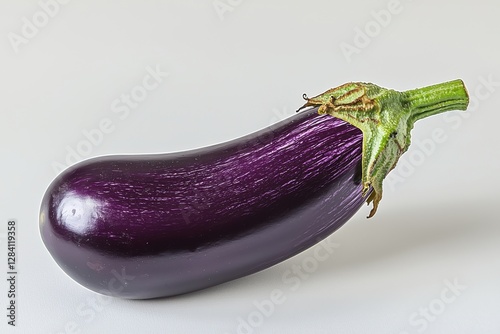 A fresh, vibrant purple eggplant with a green stem isolated on a clean, neutral background, perfect for showcasing healthy eating, vegetarianism and food photography