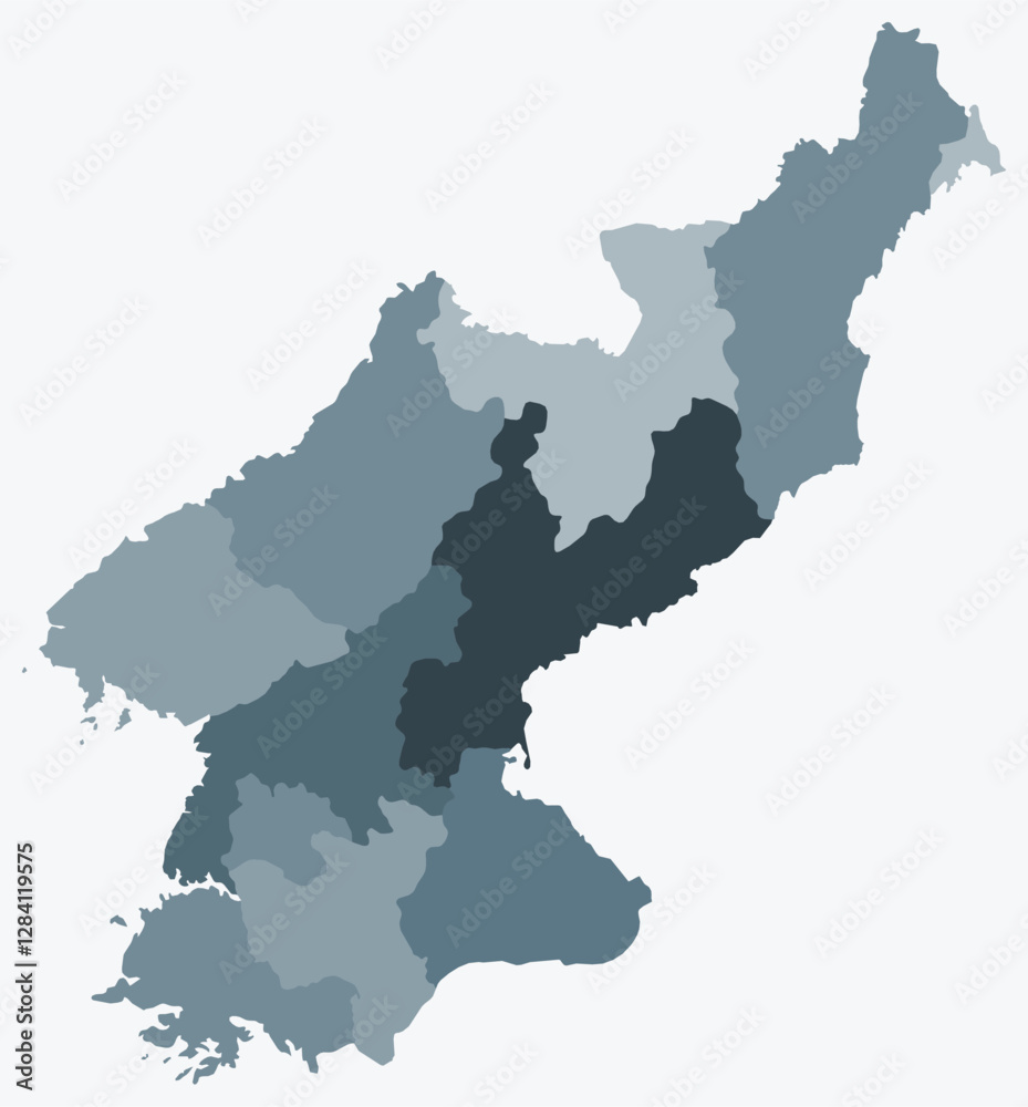 Fototapeta premium Map of Dem. Rep. Korea with regions. Just a simple country border map with region division. Blue grey color palette. Plain Democratic People's Republic of Korea shape with administrative division.