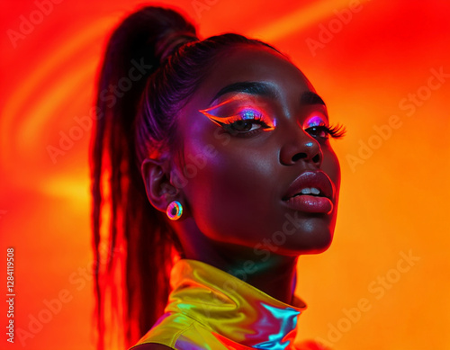 Fashion portrait of young african american woman in neon light. Neon Dream