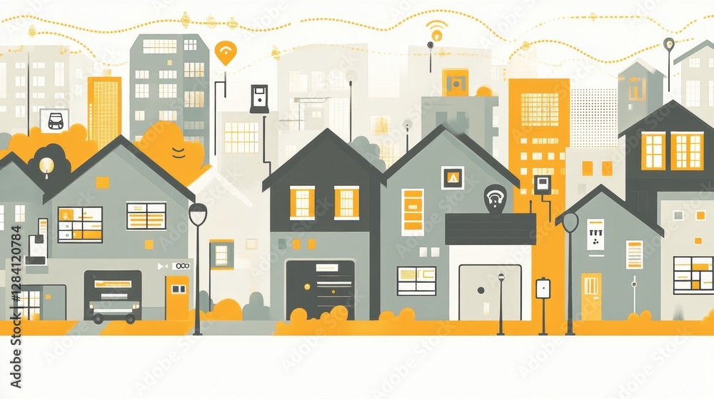 Digital Pixel Art Cityscape with Colorful Buildings and Houses in a Residential Neighborhood Digital Pixel Art Cityscape with Colorful Buildings and Houses in a Residential Neighborhood