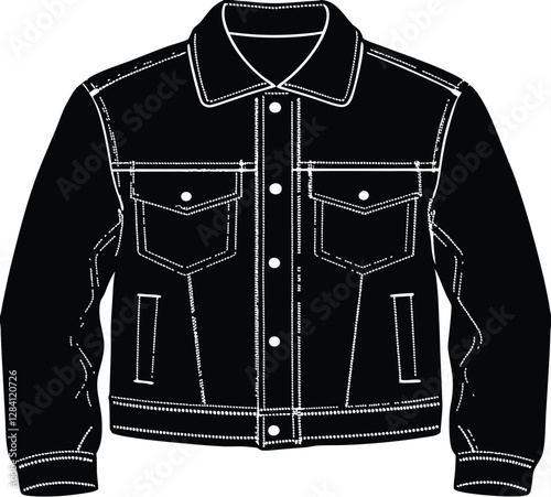 Flat unisex black jeans jacket apparel, cad design, mock-up, template, vector, clothing, technical drawing, fashion, illustration.