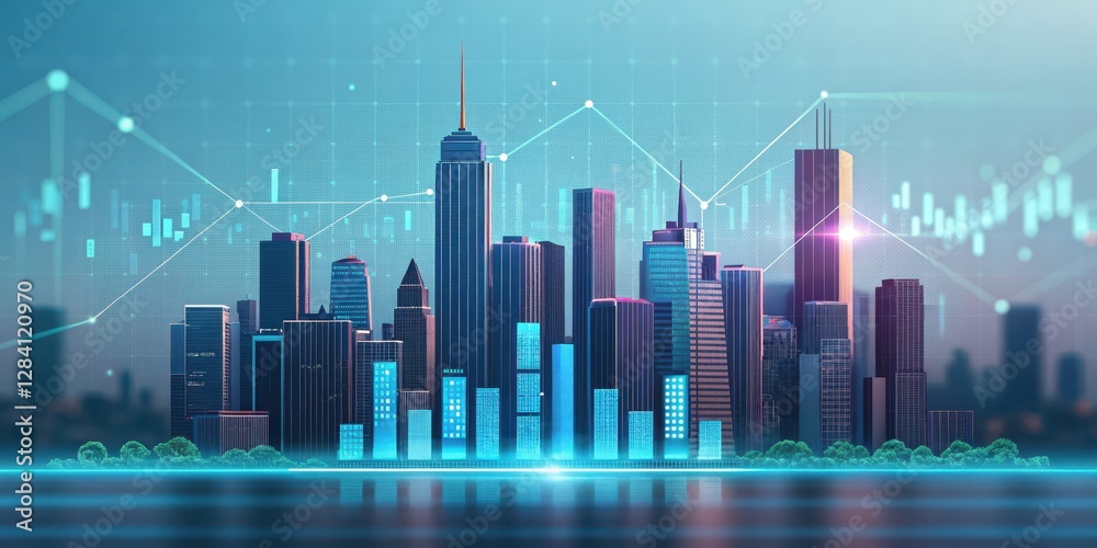 Obraz premium Stunning Futuristic City Skyline with Augmented Reality Elements and Vibrant Neon Lights at Sunrise