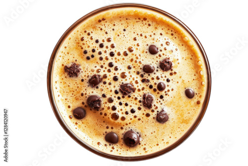 Frothy Delight: A top-down perspective captures the artistry of a gourmet coffee drink, adorned with dark chocolate morsels and delicate foam, isolated on transparent