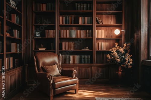 Cozy leather armchair in a sunlit library