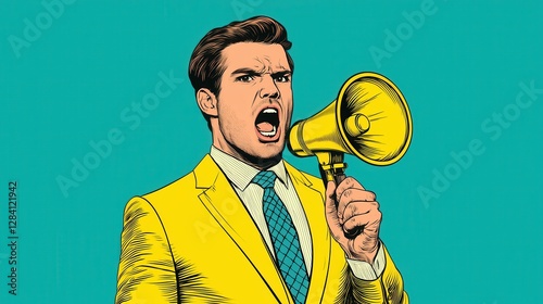 A man in a bright yellow suit passionately speaks into a megaphone, conveying a sense of urgency and excitement against a vibrant turquoise background.