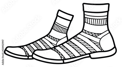 Flat casual pair of boot, shoe with sock line art, icon, sign, vector, mockup, template, technicalCAD drawing, fashion, illustration