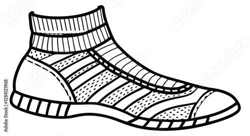 Flat casual boot, shoe with sock line art, icon, sign, vector, mockup, template, technicalCAD drawing, fashion, illustration