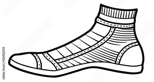 Flat casual boot, shoe with sock line art, icon, sign, vector, mockup, template, technicalCAD drawing, fashion, illustration