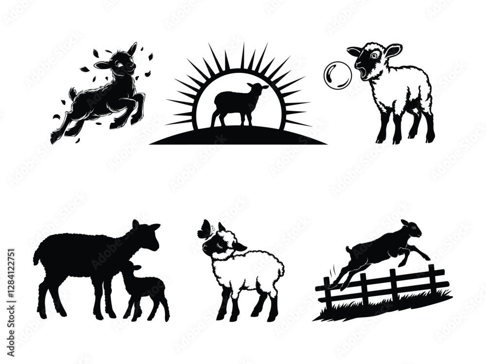Fototapeta premium Cute Sheep Silhouette Set | Farm Animal Vector Clipart