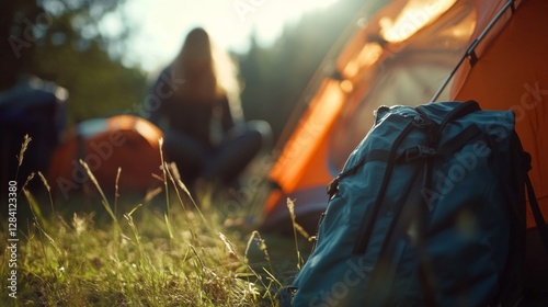 Campers preparing for sunset hike, backpack ready