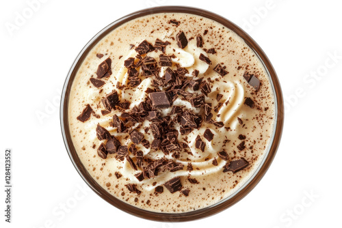 Chocolate Coffee Delight: A top-down view of a rich, creamy coffee drink, lavishly adorned with whipped cream and chocolate shavings, isolated on transparent