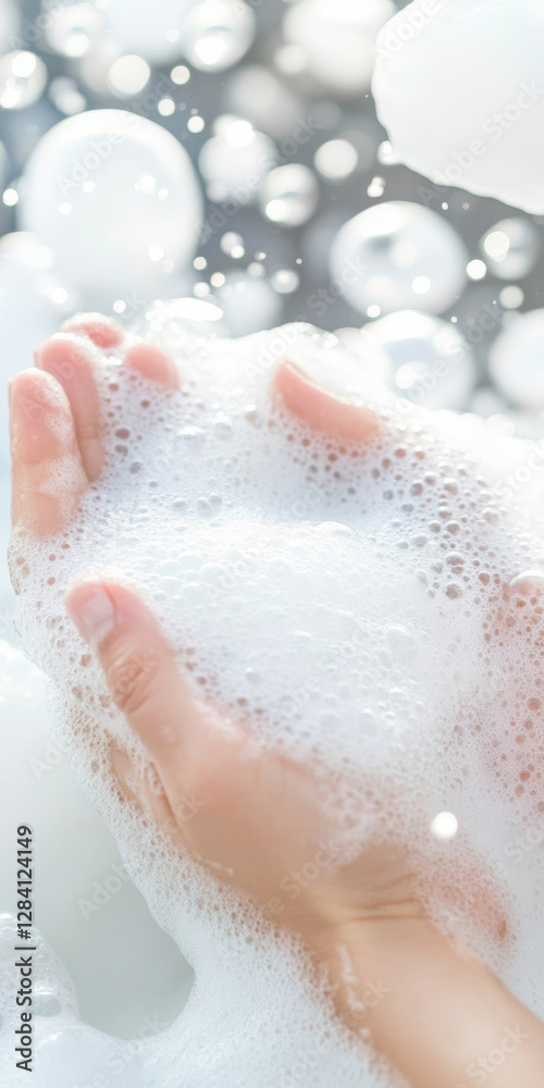 Fototapeta premium Soapy Hands Enveloped in Soft White Bubbles Cleanliness and Self Care