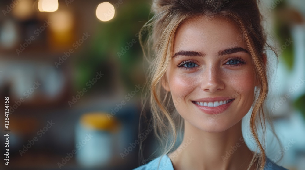 Obraz premium Beautiful smiling blonde woman with perfect white teeth and blue eyes is posing indoors