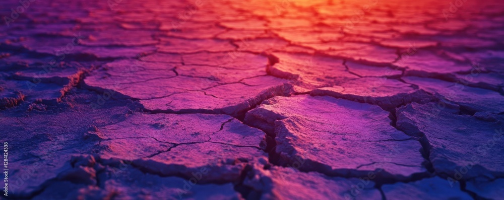 Naklejka premium Sunset illuminating cracked desert terrain with vibrant purple and orange hues