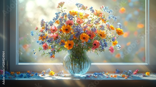 Vibrant flower bouquet against a sunlit window floral arrangement indoor bright atmosphere close-up view nature's beauty