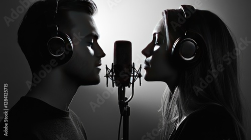 Two individuals recording vocals in a professional studio setting photo