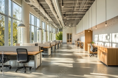 Sunlit modern office hallway  desks  windows  trees