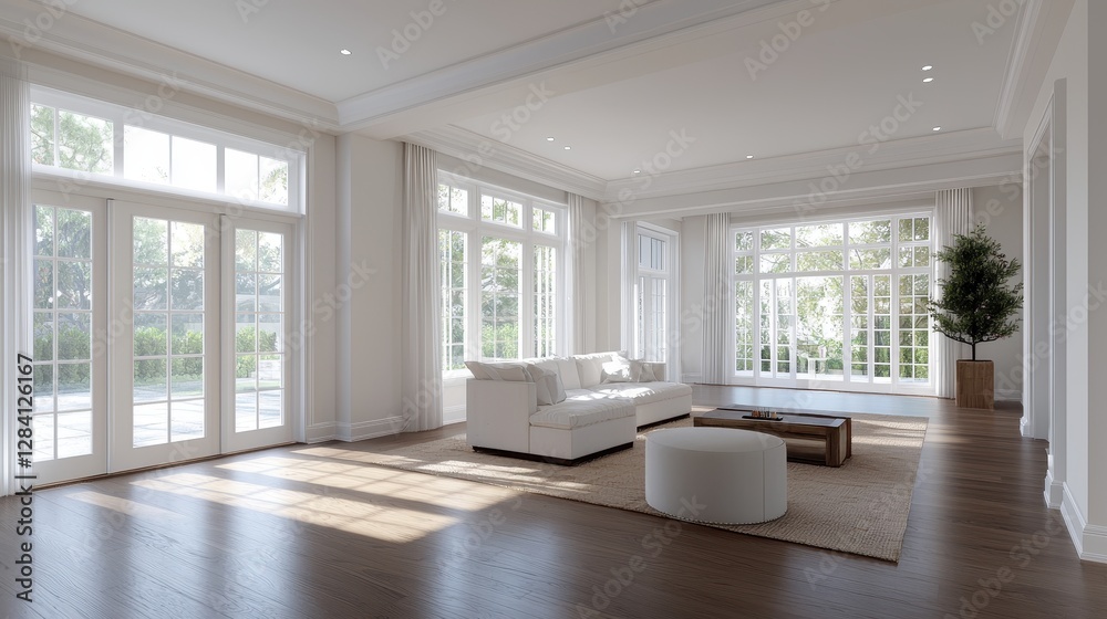 A bright, spacious living room with large windows, a white sofa, and minimalistic decor, creating a serene and inviting atmosphere. A bright, spacious living room with large windows, a white sofa, and minimalistic decor, creating a serene and inviting atmosphere.