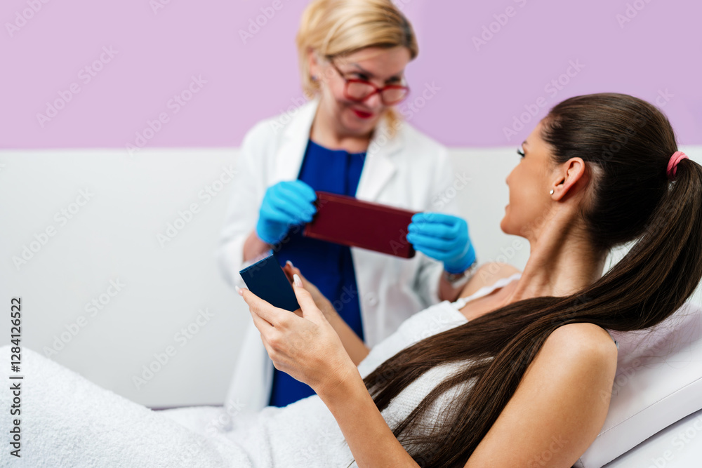 Fototapeta premium Beautiful and happy brunette woman at beauty medical clinic. She is sitting and talking with female doctor about face aesthetic treatment.