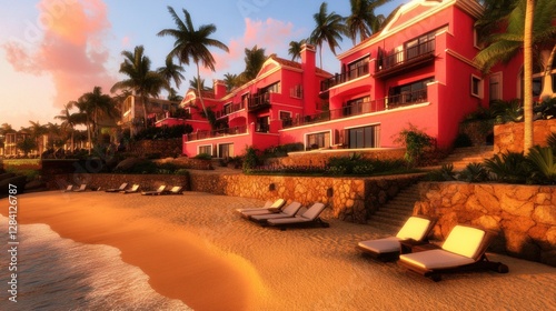 Vibrant Pink Resort Buildings On Sandy Beach With Palm Trees And Sunset Lighting