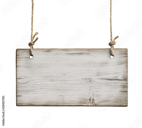 Old empty wooden sign hanging on ropes with transparent background