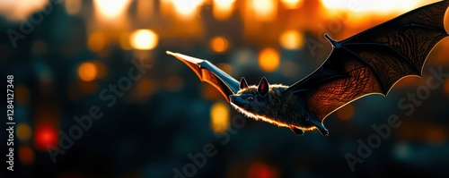 Bat virus concept. Dark and eerie illustration of a bat flying over a cityscape, symbolizing virus transmission and zoonotic diseases, dramatic lighting, biohazard theme photo