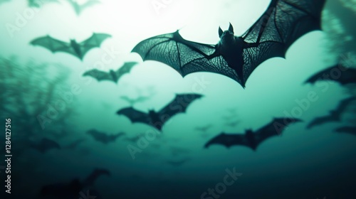 Bat virus concept. Motion blur of bats flying through a misty cave, symbolizing the unknown origins of viral outbreaks, mysterious and cinematic