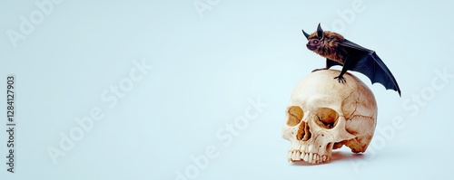 Bat virus concept. A bat perched on a skull, metaphorical representation of deadly outbreaks, gothic and haunting visual, dark storytelling composition